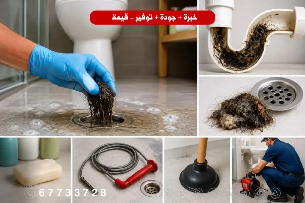 انسداد بالوعة الحمام بسبب تراكم الشعر وبقايا الصابون