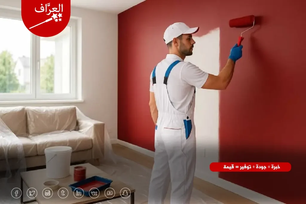 أفضل فني معلم صباغ في الكويت يقوم بصبغ جدران غرفة معيشة مودرن
